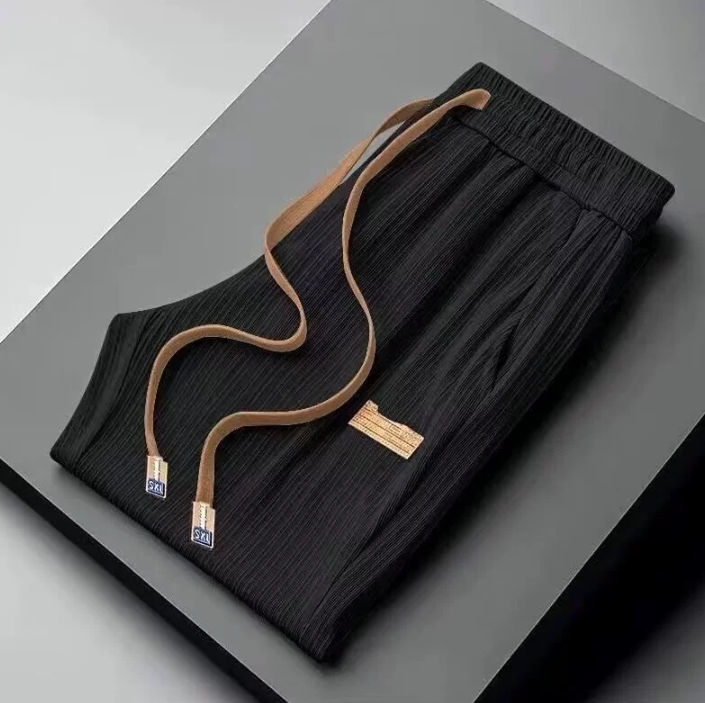 Men's Summer Quick-Dry Ice Silk Straight-Leg Pants – Stretchy & Drapey – Black