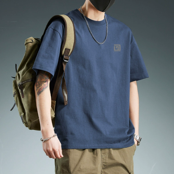 Men's Summer Heavyweight Loose-Fit Cotton T-Shirt - Blue
