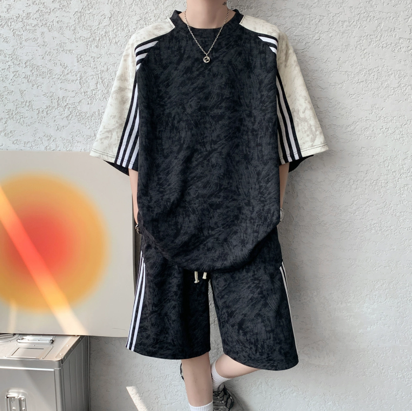 Men's Short-Sleeve T-Shirt Set – Striped Color-Block, Minimalist Style