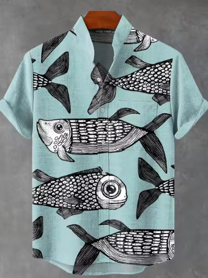 Men's Summer Best-Seller: Fish-Patterned Print Casual Short-Sleeve Shirt