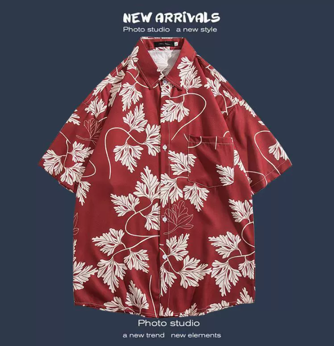 Men's Summer Short-Sleeve Floral Shirt – Beach Style – Red